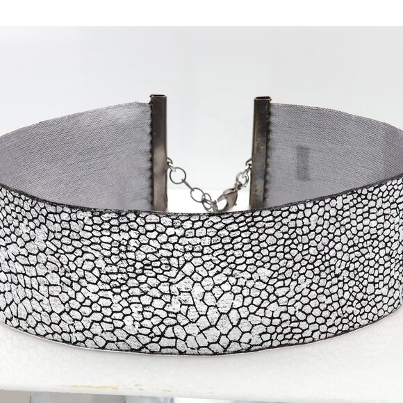 Silver Tone Choker Adjustable Length Fancy Texture Wide chokers (#78) - Picture 4 of 10